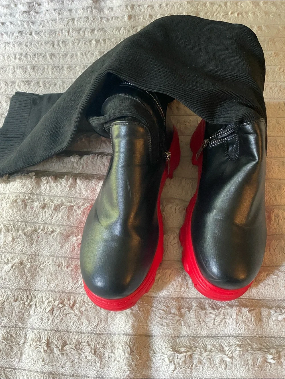 Women’s Black Stretch-Knit Tall Boots with Red Chunky Sole - Size US 7 -